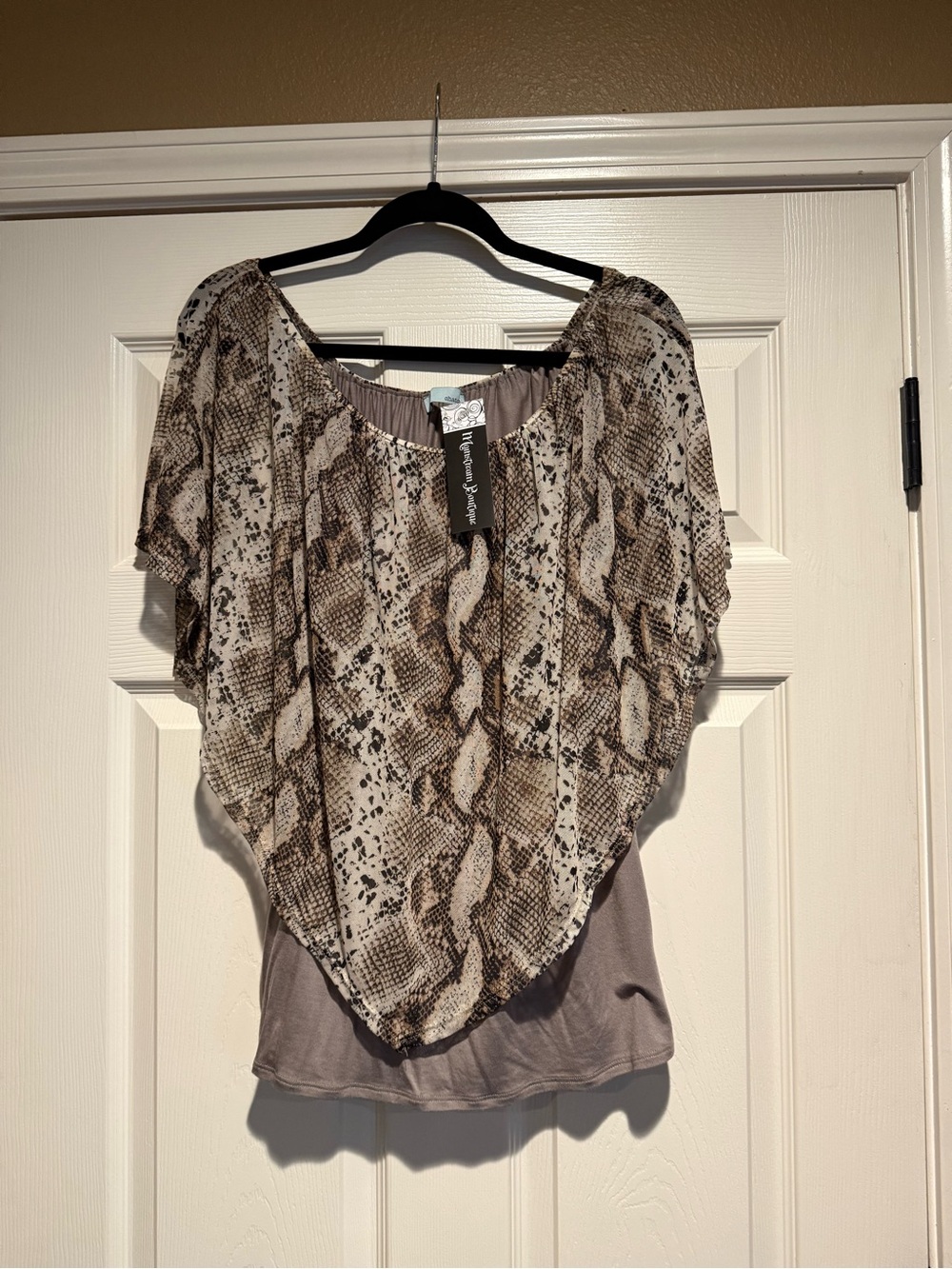 Mainstream Boutique Snake Print Blouse in Taupe and Cream